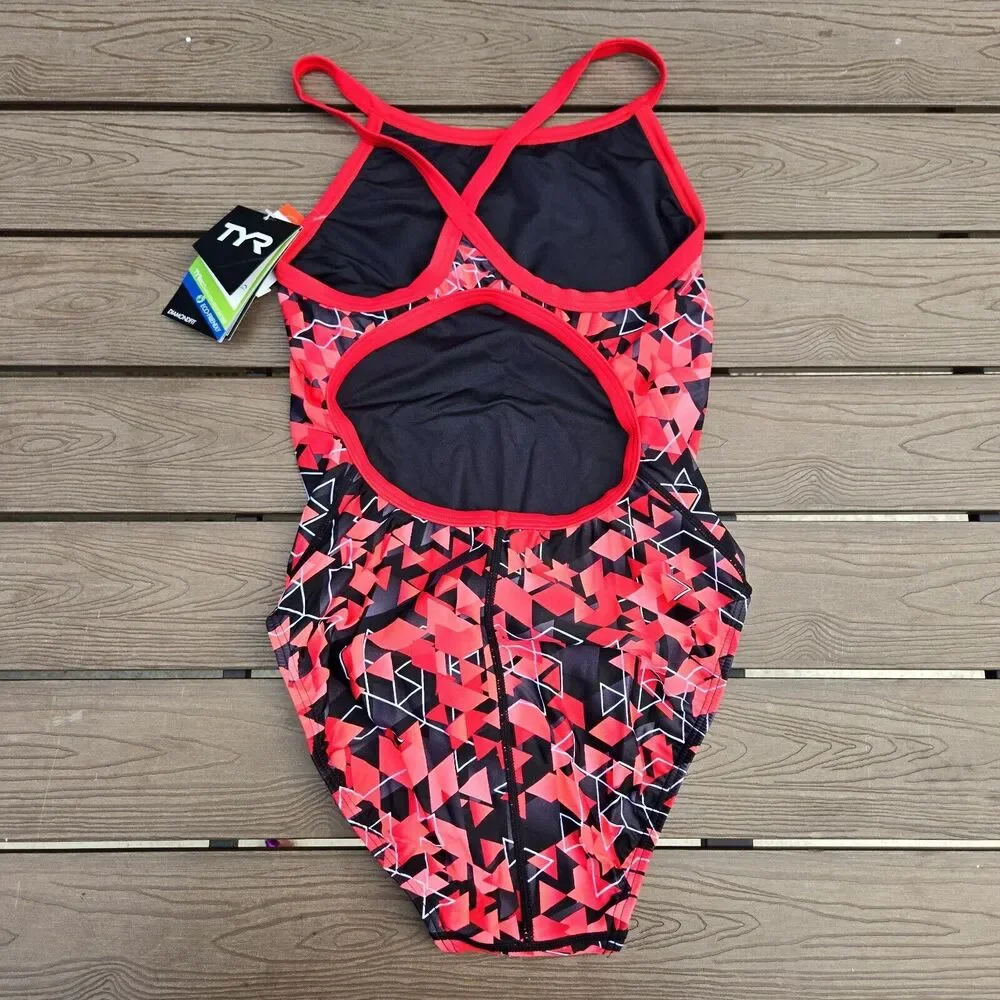 TYR RED/black Labyrinth DiamondFit 1 Pc Swimsuit, Youth Girls Size 26 NEW